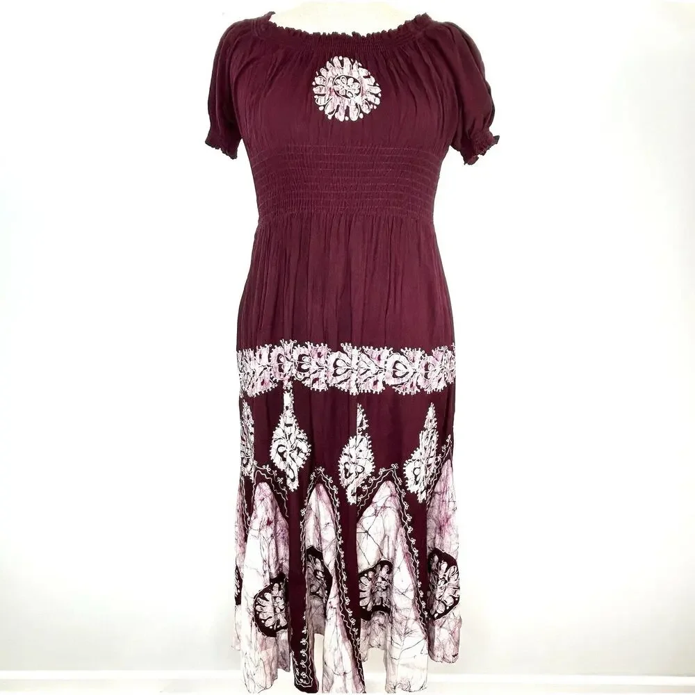 Vintage Dress Maxi OS Burgundy Tie Dye Festival Whimsigoth Fairy Grunge Boho 80s